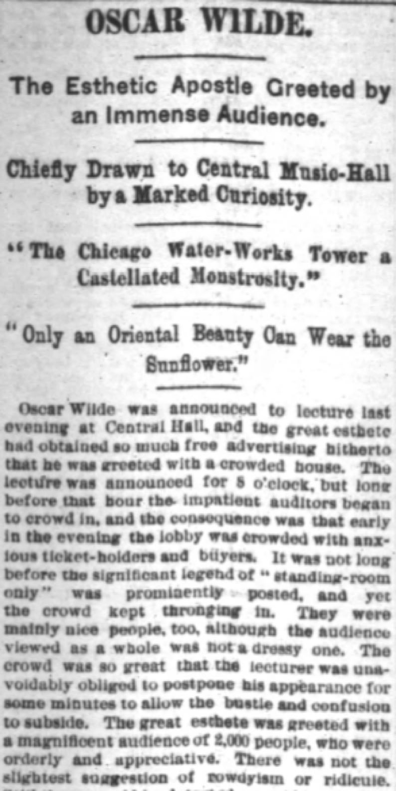 Newspaper report Newspaper report The Chicago Tribune, Feb 14, 1882. Oscar Wilde lecture