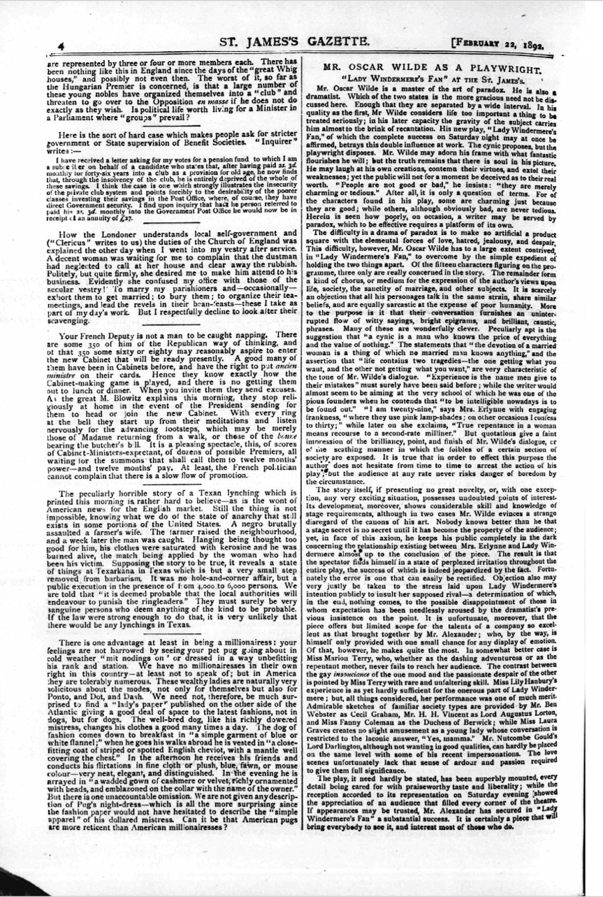 Reports the opening of Lady Windermere's Fan at the St. James's Theatre on the evening of Saturday, February 20, 1892